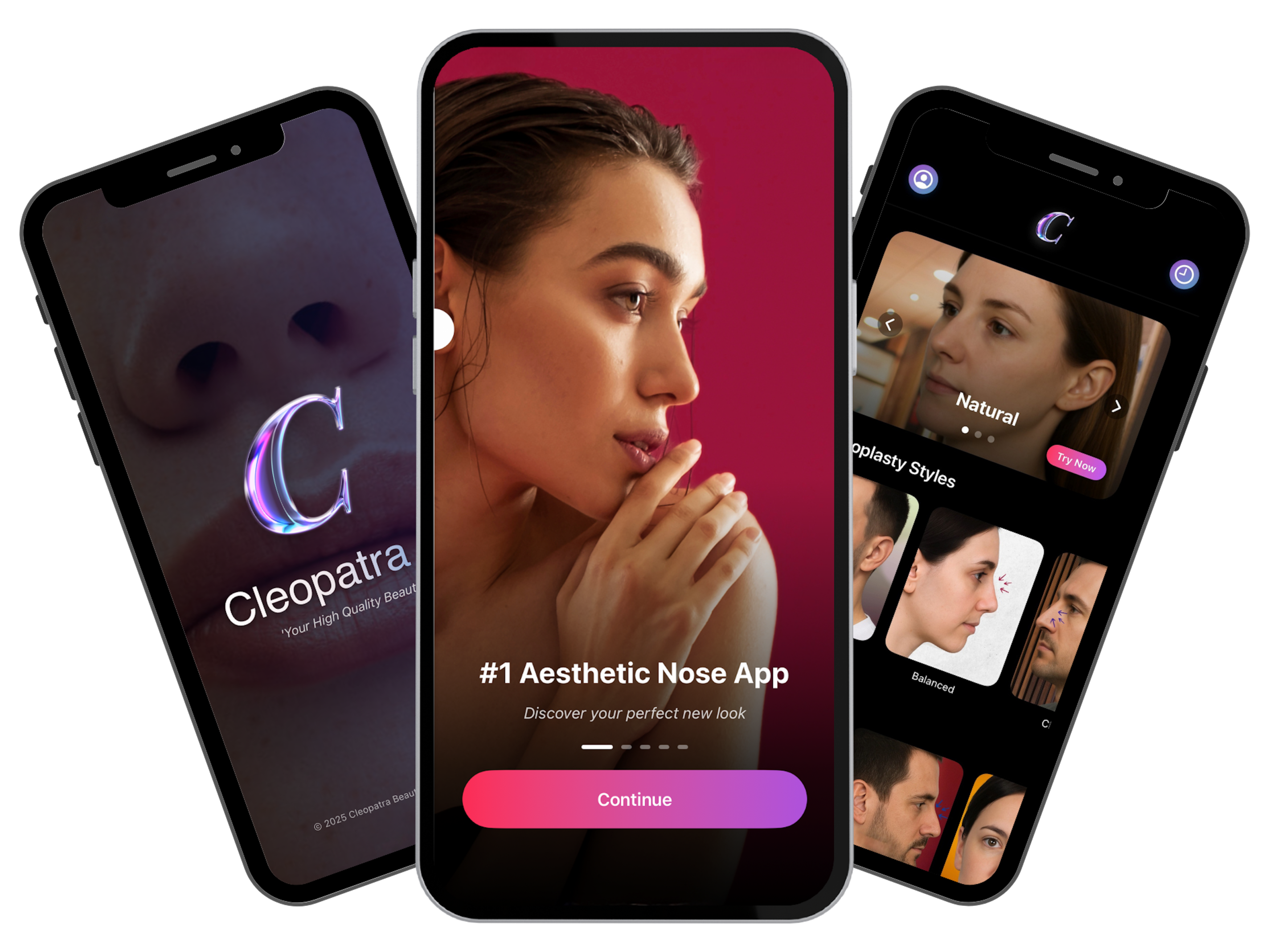 Cleopatra AI nose visualization app interface showing before and after results